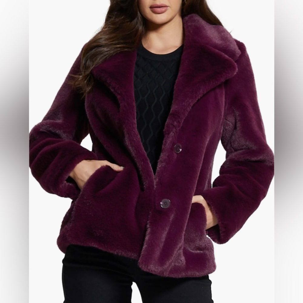 GUESS Women's Plush Faux Fur Jacket Coat - Burgundy
